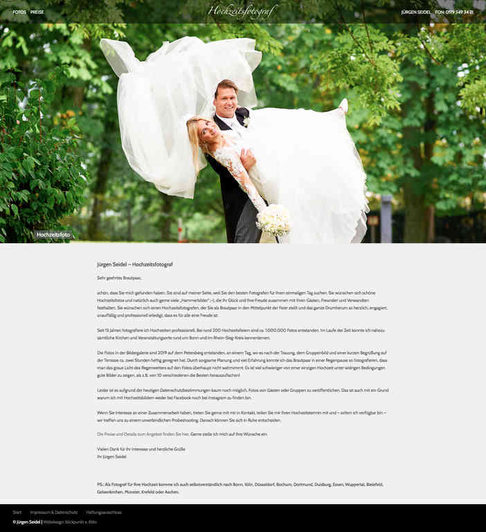 Startseite der Website des Hochzeitsfotograf mit großzügigen Bildern von Hochzeitspaaren in einer Slideshow