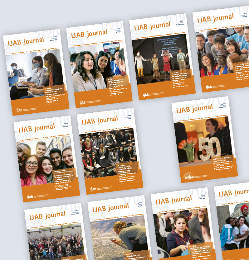 Titelseiten seit 2015 des zweimal jährlich erscheinenden IJAB-Journals, incl. der Jubiläumsausgabe zum 50jährigen Bestehen