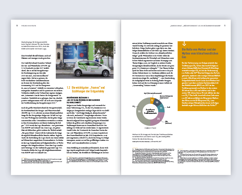 Doppelseite mit Infografik und Foto zur Bewerbung von Erdgasmobilität von DENA