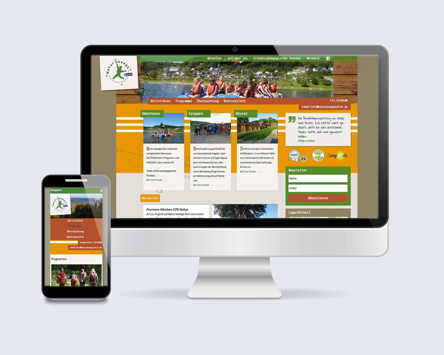 Website für Natur bewegt dich e.V. Features: Slideshow, Blog für Angebote und Veranstaltungen, Testimonials und Lage
