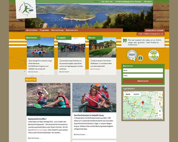 Website für Natur bewegt dich e.V. Features: Slideshow, Blog für Angebote und Veranstaltungen, Testimonials, und Lage.