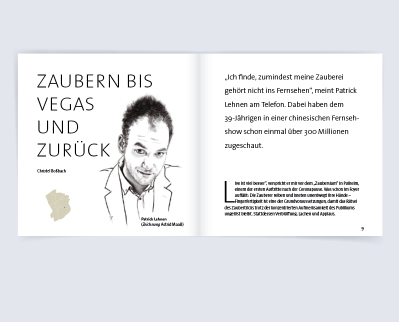 Text über Patrick Lehnen mit einer Porträtzeichnung von Astrid Maaß
