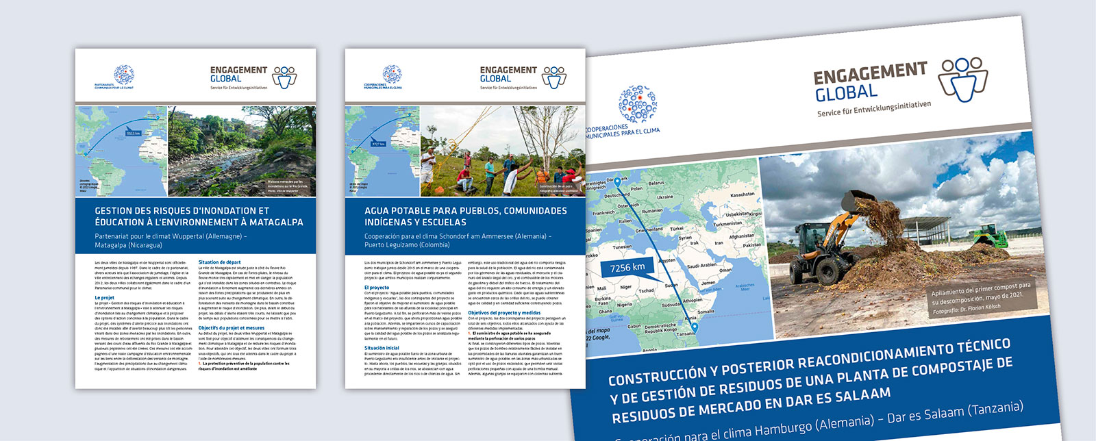 Projektblätter von Klimapartnerschaften auf französisch und spanisch