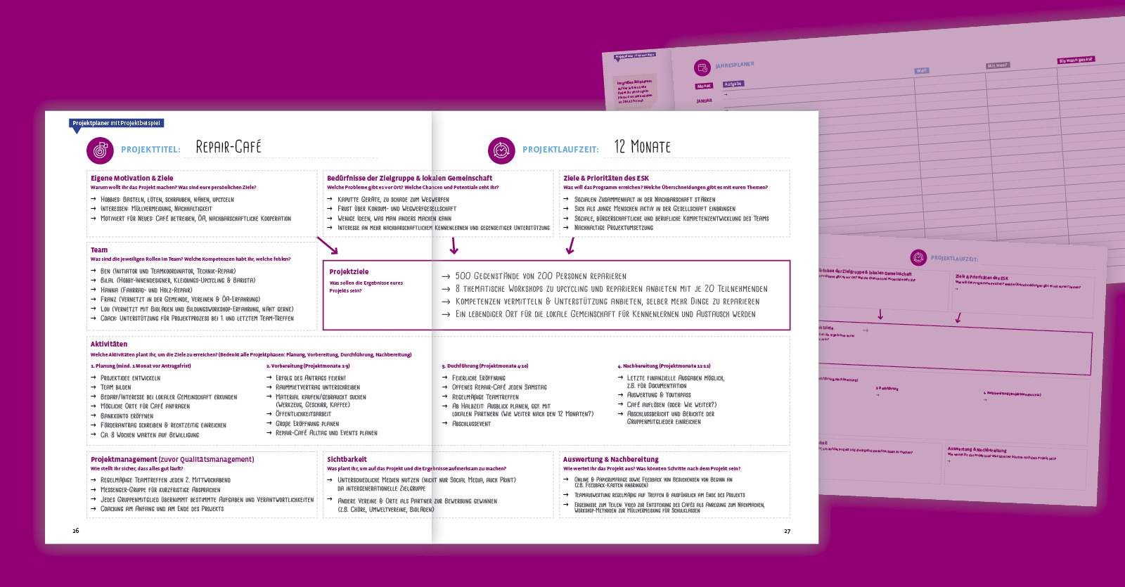 Im Handbuch sind Projekt- und Jahresplaner als ausfüllbare PDF-Formulare integriert.