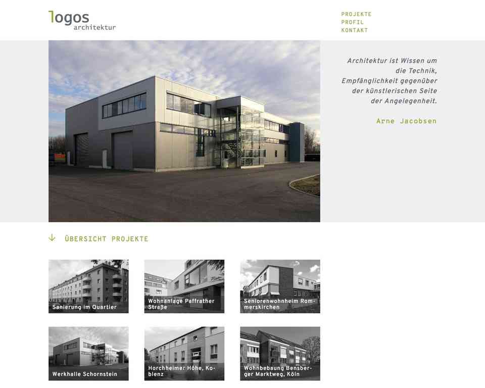 Screenshot der Website von logos architektur, Aachen. Slideshow und Bilder zeigen aktuelle Bauprojekte.