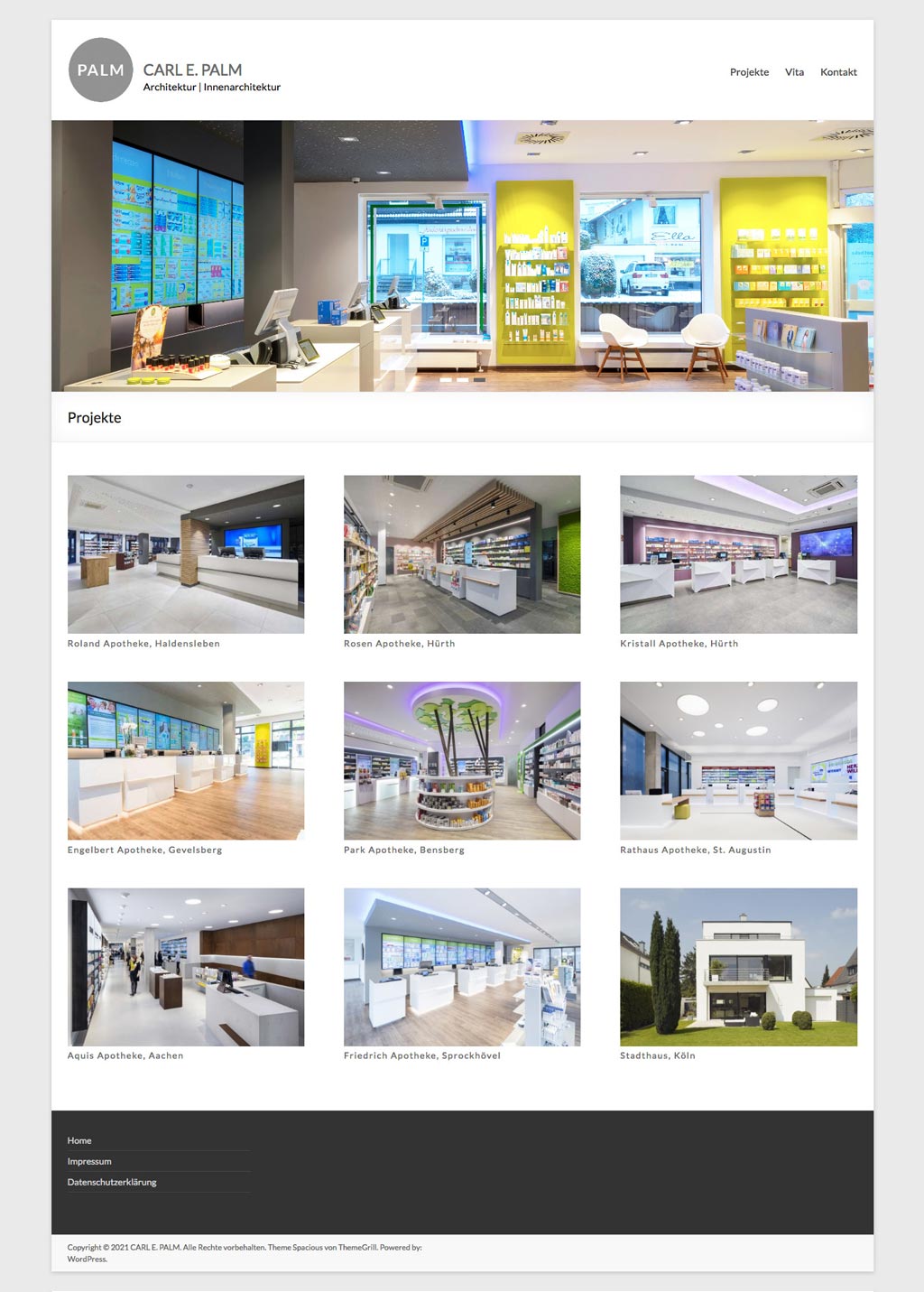 Webdesign CARL E. PALM Architektur Innenarchitektur. Übersichtliche Startseite mit Slideshow und Portfolio mit großzügigen Bildern von Architekturprojekten.