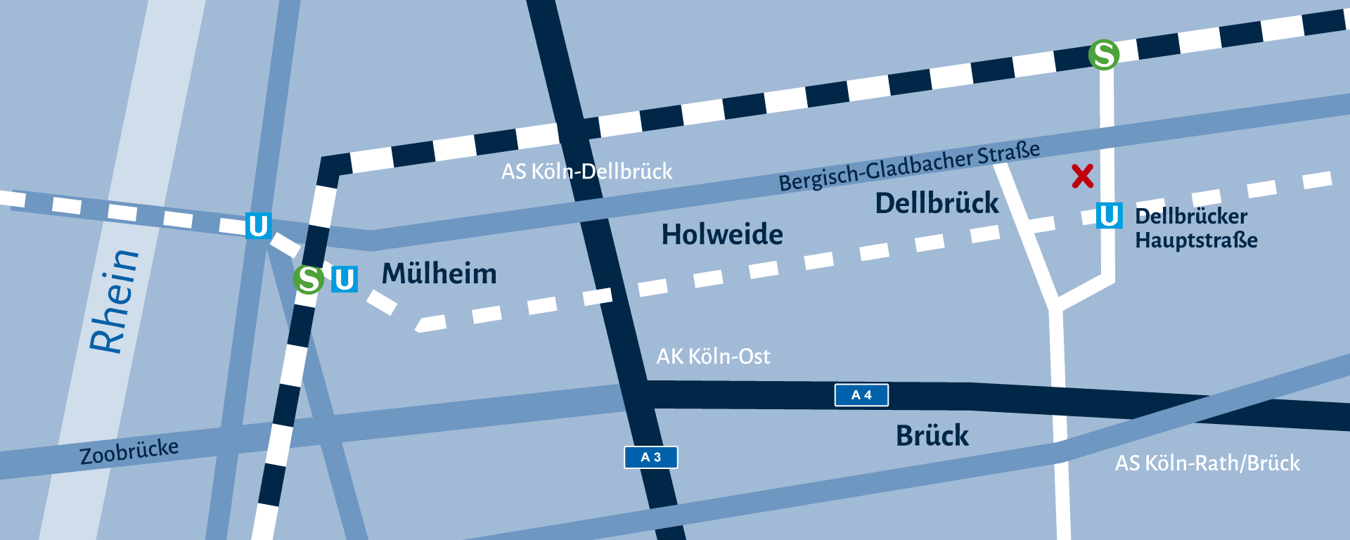 Eine Karte zeigt die Lage des Büros im rechtsrheinischen Köln zwischen den Haltestellen S-Bahnhof Dellbrück und Dellbrücker Hauptstraße.